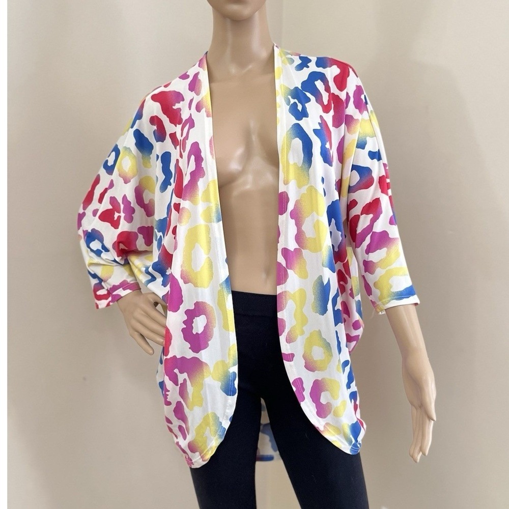 Jess Lea Rainbow Leopard Print Kimono Cardigan Small White Multi Batwing USA‎